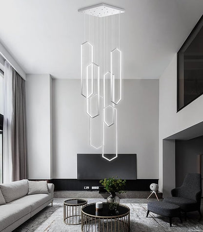 6 Rings Modern Chandelier LED Dimmable Long Large High Ceiling Chandelier Adjust Flush Mount Ceiling Light for Foyer Lobby Living Room Staircaes Sliver