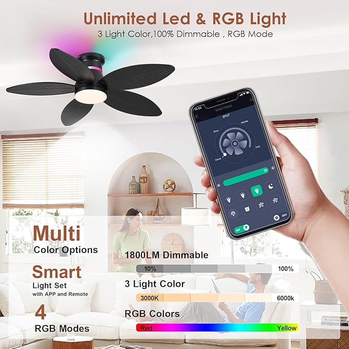 Tropical Palm Leaf RGB Ceiling Fans with Lights 46”, Black Flush Mount Ceiling Fan with Light and Remote, 3CCT Dimmable LED&&Side RGB Light, Reversible 6 Speeds, Quite Low Profile Ceiling Fan Party