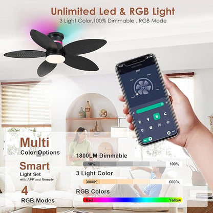 Tropical Palm Leaf RGB Ceiling Fans with Lights 46”, Black Flush Mount Ceiling Fan with Light and Remote, 3CCT Dimmable LED&&Side RGB Light, Reversible 6 Speeds, Quite Low Profile Ceiling Fan Party