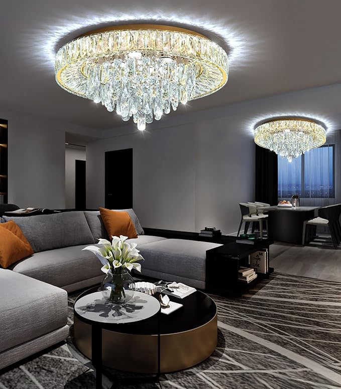 23.6" Modern Crystal Chandeliers LED Dimmable Flush Mount Ceiling Chandeliers for Living Room Entrance Foyer Bedroom Gold