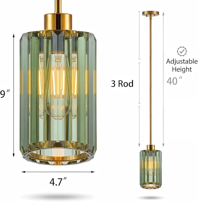 Modern Olive Green Fluted Glass Pendant Light 1 Pack - Thick Ribbed Glass with Warm Glow, Adjustable E26 Hanging Lamp for Kitchen Island & Dining Room