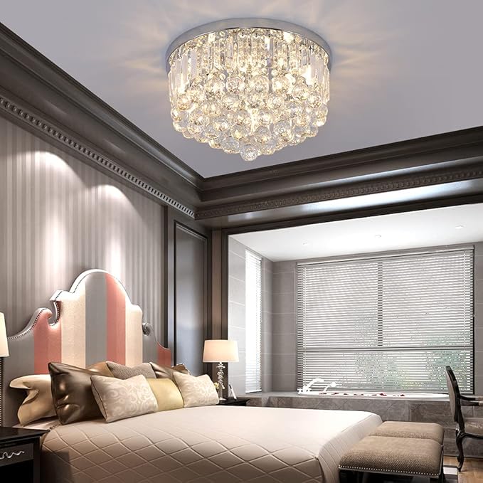 Modern K9 Crystal Raindrop Chandelier Lighting, Flush Mount G9 Base Ceiling Light Fixture Pendant Lamp for Dining Room Bedroom Livingroom Required Height 11''x Width 16''(Chrome)