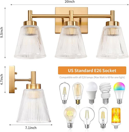 OCIOC 3-Light Bathroom Vanity Light, Modern Gold Wall Light Fixture With Stripe Glass, Farmhouse Bathroom Wall Sconces for Mirror, Kitchen, Bedroom, Living Room, Hallwa