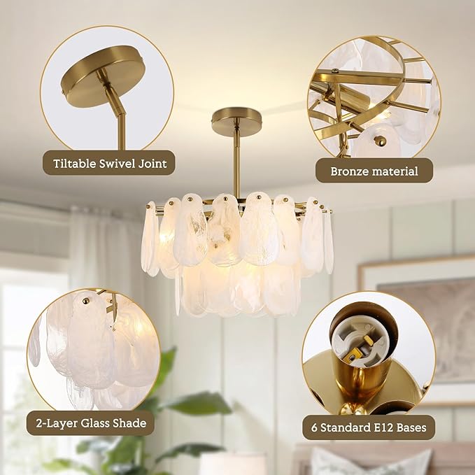 KELUOLY Modern Gold Chandeliers, 17.7" Luxury Cloud Glass Light Fixture, 2-Layer Round Ceiling Hanging Light Fixture for Bedroom Dining Room Kitchen Island Living Room Entryway Bar Farmhouse 6-Light