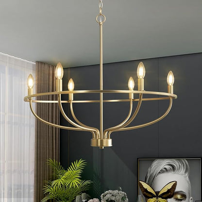 Gold Chandelier, 6 Light Gold Chandelier Light Fixture for Dining Room Chandelier Candle Lighting for Entryway Kitchen Bedroom Living Room 29in Mid Century Chandeliers