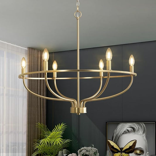 Gold Chandelier, 6 Light Gold Chandelier Light Fixture for Dining Room Chandelier Candle Lighting for Entryway Kitchen Bedroom Living Room 29in Mid Century Chandeliers
