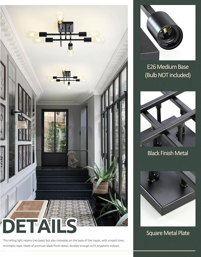 6-Light Semi Flush Mount Ceiling Light Fixture, Industrial Black Close to Ceiling Lighting, Modern E26 Base Sputnik Chandelier Ceiling Lamp for Kitchen Bedroom Living Room Hallway