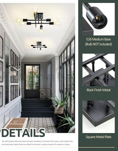 6-Light Semi Flush Mount Ceiling Light Fixture, Industrial Black Close to Ceiling Lighting, Modern E26 Base Sputnik Chandelier Ceiling Lamp for Kitchen Bedroom Living Room Hallway