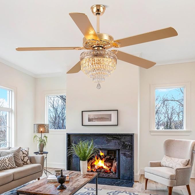 Asyko 62" Golden Crystal Ceiling Fan Fandelier with Lights - Modern Chandelier Fans with Remote Control，Noiseless DC Motor, Retro/Farmhouse Lighting, Dining Room,Living Room