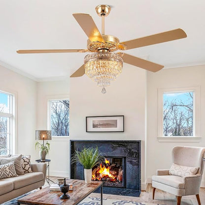 Asyko 62" Golden Crystal Ceiling Fan Fandelier with Lights - Modern Chandelier Fans with Remote Control，Noiseless DC Motor, Retro/Farmhouse Lighting, Dining Room,Living Room