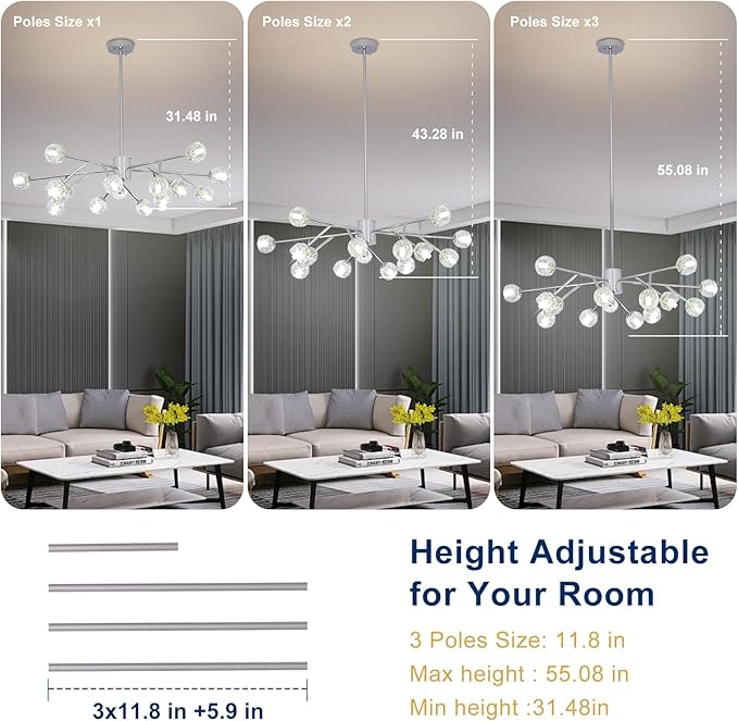 Depuley Sputnik Chandelier for Dining Room: 15-Light Ceiling Light Fixture Height Adjustable - Mid Century Chrome Chandelier for Bedroom Living Room Kitchen Over Table Foyer (Included G9 Bulbs)