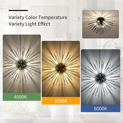 CM MZY Black Flush Mount Ceiling Lights, Mid Century Starburst Sputnik Chandeliers, 6-Light Close to Ceiling Lighting Fixtures for Bedroom Kitchen Hallway Entryway Closet, G9 Socket
