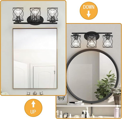 MAVCADONF 3-Lights Matte Black Cage Shade Modern Bathroom Vanity Light Fixtures Over Mirror, Bathroom Wall Lamp for Mirror, Kitchen, Bedroom