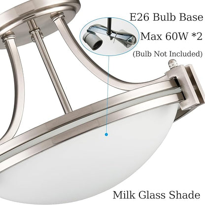 Modern 2-Light Semi Flush Mount Ceiling Light Brushed Nickel 12-Inch Milk Glass Light Fixtures Ceiling Mount for Bedroom Hallway Staircase Kitchen