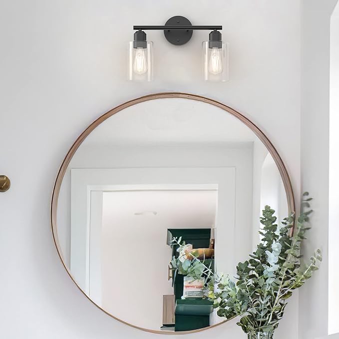 Bathroom Vanity Light Black 2 Light Rustic Bathroom Vanity Lights Over Mirror, UL Listed Modern Industrial Wall Sconces Lamp with Cylinder Glass Shade, Light Fixture for Bathroom E26 Socket