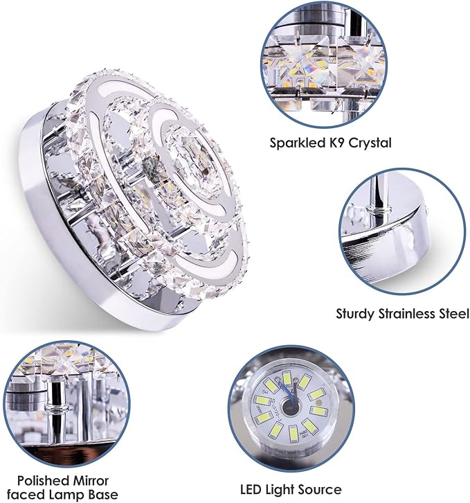 Modern Crystal Chandelier LED Flush Mount Ceiling Light Fixture 11.4" Round Small Crystal Ceiling Lights for Bedroom Kitchen Hallway (Cool White)