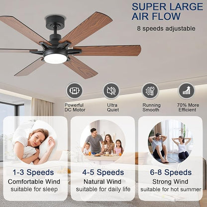 52in Ceiling Fans with Lights RGB Ceiling Fan with Light and Remote/APP Control,Low Profile Ceiling Fans with Lights for Bedroom,Living Room,Kids Room,3CCT Dimmable Modern Ceiling Fan, 6 Speeds,Brown