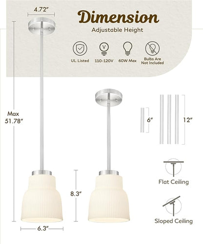 FEMILA 6.7" Milk Glass Pendant Lights Kitchen Island, Brushed Nickel Antique Chandelier, Hanging Light Fixture for Bedroom Hotel Living Room, 4FYD87MIL BN