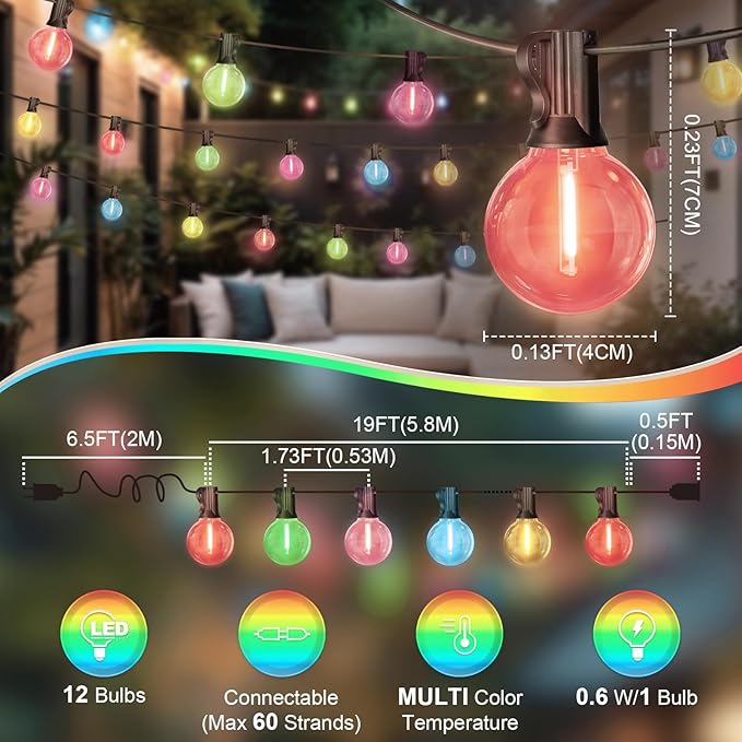 LAMPHOME Multicolor Outdoor String Lights, 26FT LED Patio Lights with 12+1 Shatterproof Edison Bulbs, UL Waterproof Connectable Dimmable Hanging Lights for Backyard Porch Garden Deck Balcony Decor