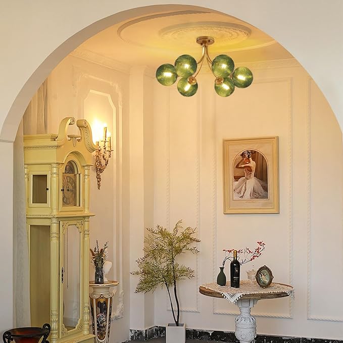 Green Glass Flush Mount Ceiling Lights Fixture 6-Light Gold Mid Century Modern Chandelier Green Hand Blown Glass Chandelier Vintage Pendant Light for Bedroom Living Dining Room