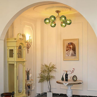 Green Glass Flush Mount Ceiling Lights Fixture 6-Light Gold Mid Century Modern Chandelier Green Hand Blown Glass Chandelier Vintage Pendant Light for Bedroom Living Dining Room