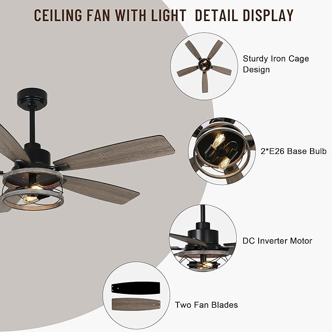 52'' Farmhouse Ceiling Fans with Lights and Remote,Chandelier Ceiling Fan with Reversible DC Motor,5 Double Colour Blades,Rustic Caged Ceiling Fan for Living Room,Dining Room,Bedroom