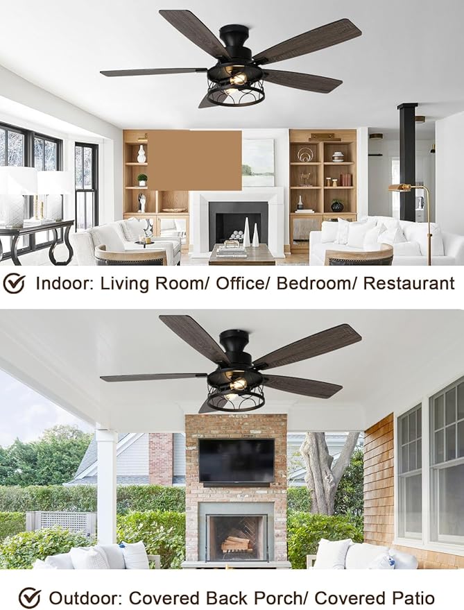 52 Inch Farmhouse Ceiling Fan with Lights Remote Modern Caged Chandelier Fan Rustic Fandelier, 5 Dual Blades, Reversible Quiet DC Motor 6 Speeds for Bedroom Patio (Metal Caged)