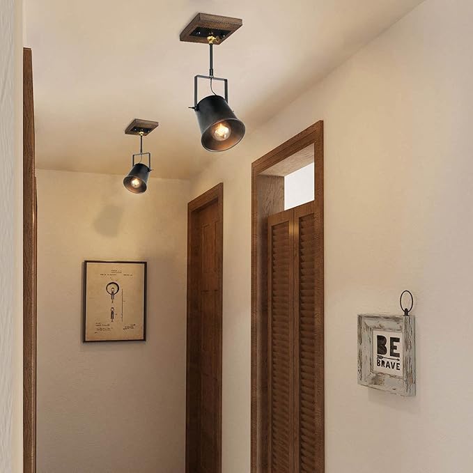 LNC Adjustable 1 Head Track Lighting Fixture, Farmhouse Wood Semi Flush Mount Ceiling Spotlight (Black Painted Finish)