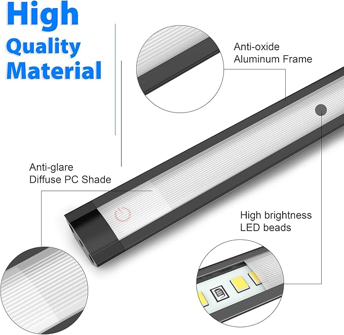 MYPLUS Under Cabinet Lights, 12" Touch Activated and Dimmable Aluminum LED Bar for Kitchen, Workbench and Desk, 3.5W,213 Lumens,Cold White 6000K, Plug-in, Black.