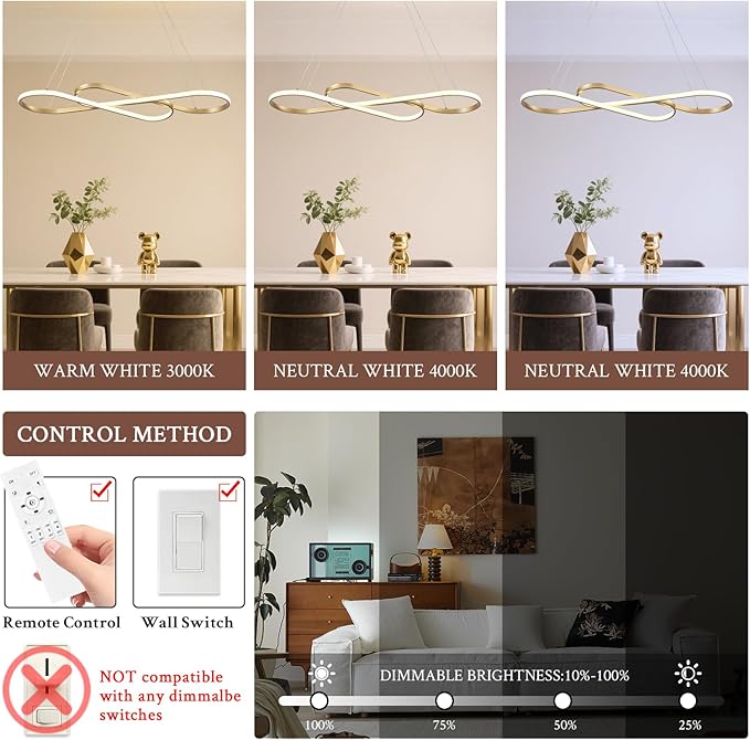 Modern LED Chandelier Gold Dimmable LED Pendant Light for Dining Room Light Fixture Over Table Modern Kitchen Island Lighting High Ceiling with Remote for Living Room, 31.7 Inch