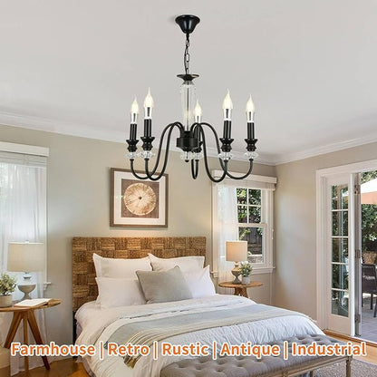 Black Chandelier, 5-Light Farmhouse Candle Chandelier for Living Room, Rustic Industrial Pendant Chandeliers for Dining Room, Vintage Crystal Hanging Light fixture for Hallway Kitchen Foyer E12