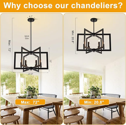 21.6" Black Chandelier for Dining Room, 6-Light Geometric Farmhouse Dining Room Fixture, Modern Foyer Lighting Fixtures, Industrial Hanging Pendant Lights for Kitchen Island, Living Room, Entryway
