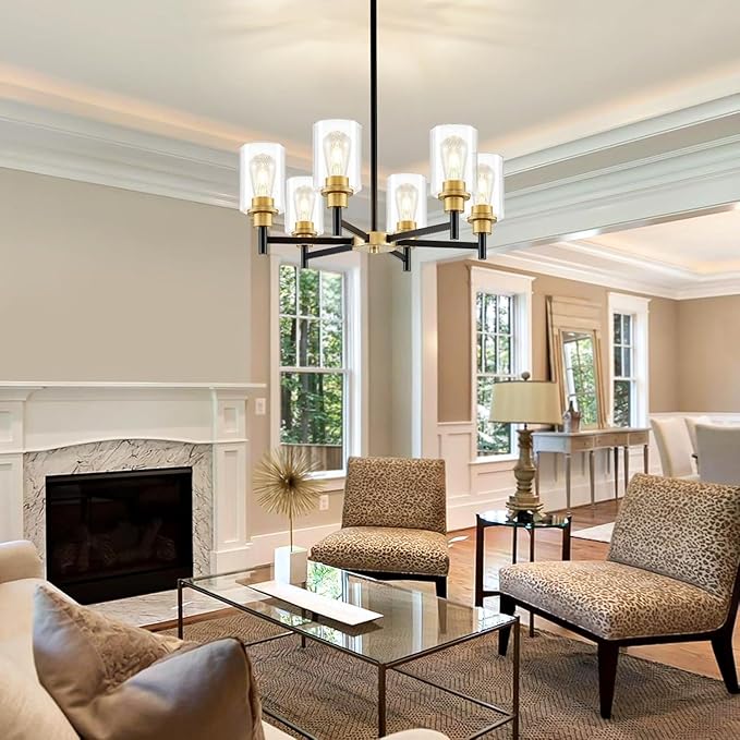 6-Light Modern Chandeliers, Black and Gold Chandelier Light Fixture with Clear Glass Shades, Hanging Pendant Lighting for Dining Room, Living Room, Kitchen, Staircase, Entryway