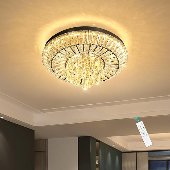 Crystal Chandelier 40W Modern Round Ceiling Light Fixture LED Raindrop Chandeliers Dimmable with Remote for Dining Room Living Room Entryway Hallway Bedroom Black