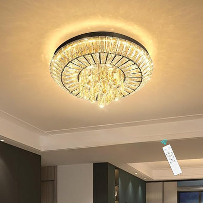 Crystal Chandelier 40W Modern Round Ceiling Light Fixture LED Raindrop Chandeliers Dimmable with Remote for Dining Room Living Room Entryway Hallway Bedroom Black