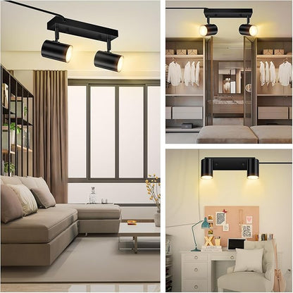 AUQUEE 2 Light Track Lighting Kit,Black 2 Way Modern Plug in Ceiling Spotlight,Industrial LED Wall Light for Kitchen Cabinet Gallery Bar Hallway Living Room,Rocker Switch,15 Foot Cord(No Bulb)
