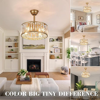 18.2" Gold Caged Ceiling Fans with Lights Remote Crystal Fandelier 4-Lights Flush Mount Fan Light Modern Enclosed Chandelier Fan with 6 Speeds for Bedroom Living Room Kitchen Dining Room Hallway