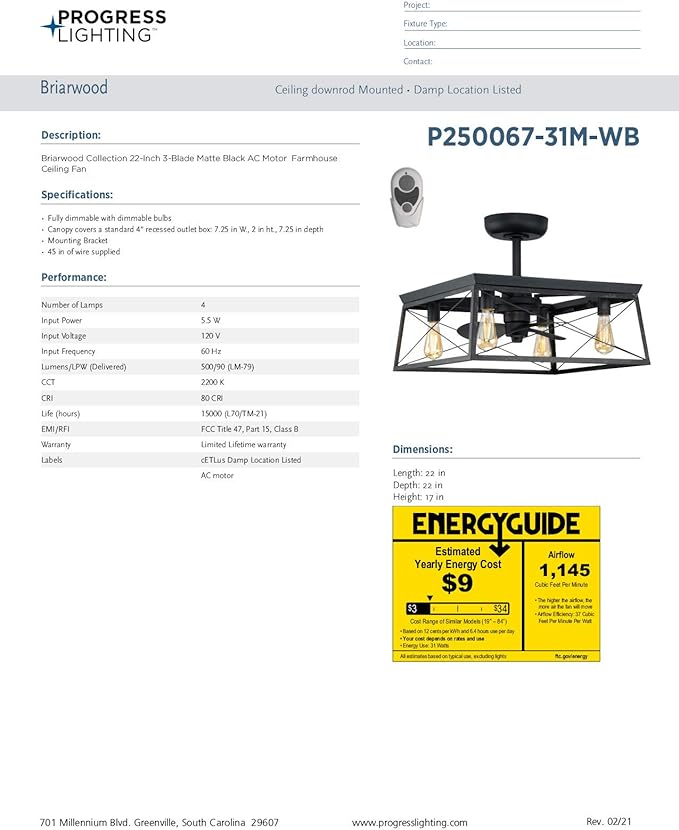 Progress Lighting Briarwood Collection 22-Inch 3-Blade AC Motor Farmhouse Ceiling Fan Matte Black, 17.00x22.00x22.00