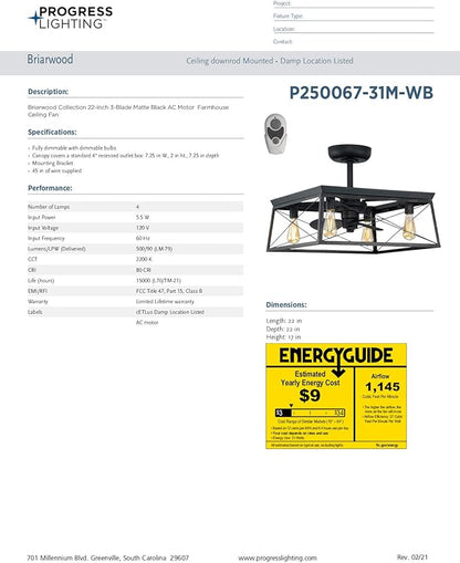 Progress Lighting Briarwood Collection 22-Inch 3-Blade AC Motor Farmhouse Ceiling Fan Matte Black, 17.00x22.00x22.00