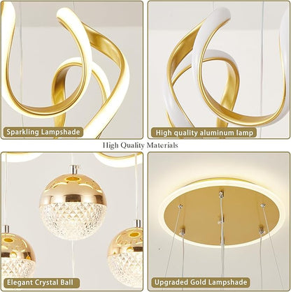 Modern Gold LED Chandeliers, Dimmable LED Pendnat Light Fixture for Kitchen Island Over Table Adjustable Height Modern Chandeliers for Dining Room Kitchen Island Living Room Bedroom