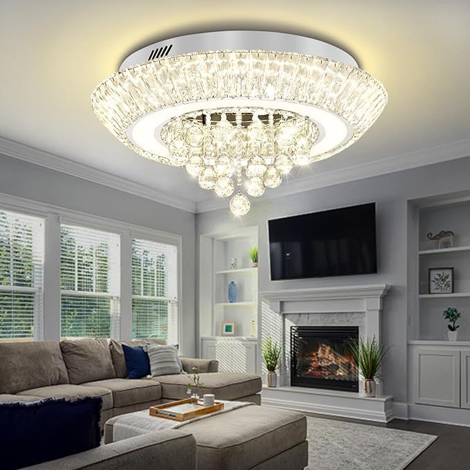 Modern Led Crystal Chandelier for Living Room Crystal Raindrop Chandeliers for Dining Room, Bedroom 24in Silver Flush Mount Chandelier Ceiling Light with Remote