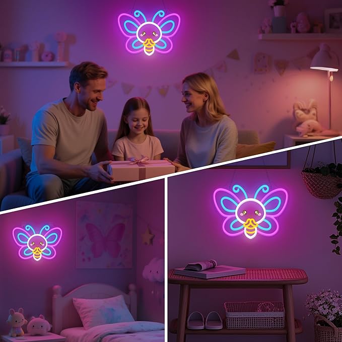 OkiyiD Butterfly Neon Sign – Cute Aesthetic Wall Decor for Girls Room Bedroom Vanity, USB Powered LED Light with Hanging Kit, Dimmable Night Light, Unique Gift for Her