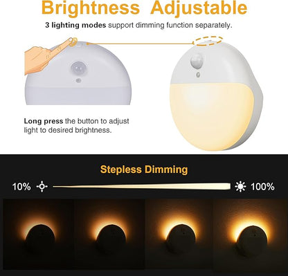 YUNLEX 2 Pack Toliet Lights, 2.6" Small Motion Sensor Battery Night Light, Dimmable LED Nightlight, 3 Light Modes, Stick on Lights for Bathroom, Travel, Stairs, Cabinet, Bedroom, Kids, Warm Yellow