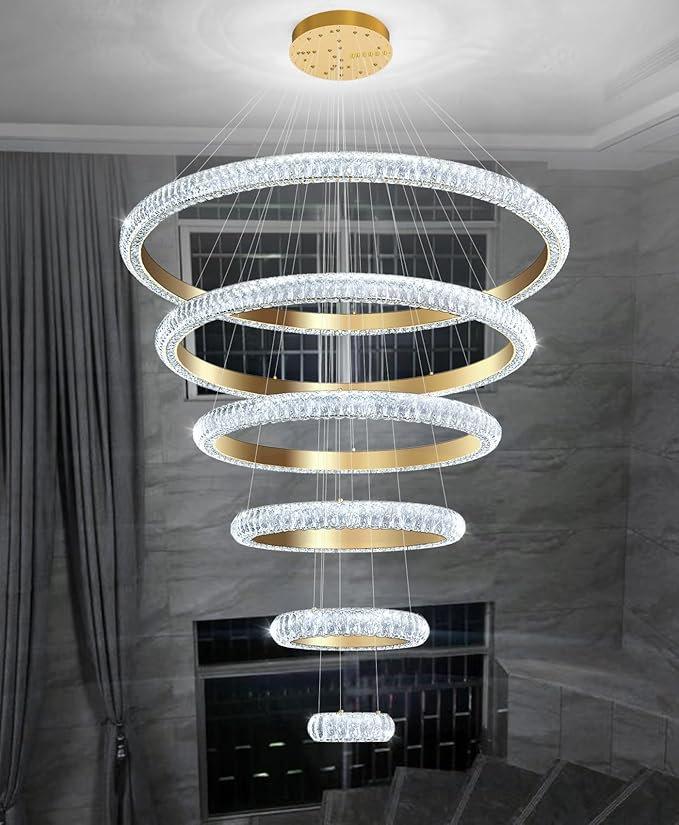 47" 6 Ring Crystal Chandelier Modern LED Dimmable Ring Pendant Light Chandelier for Dining Room Living Room Gold