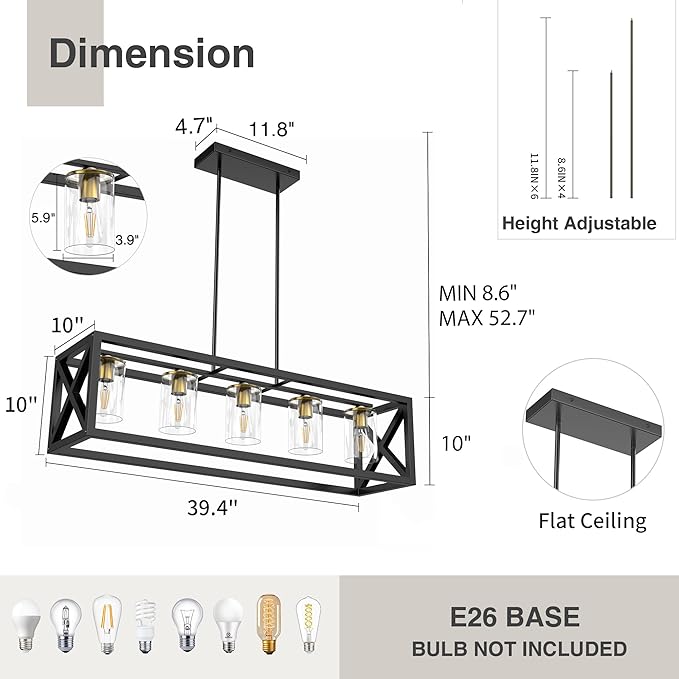 Black Gold Dining Room Light Fixture - 5 Light Chandeliers for Dining Room with Clear Glass Shade & Adjustable Height & Thickened Metal Rectangle Dining Table Light Fixture