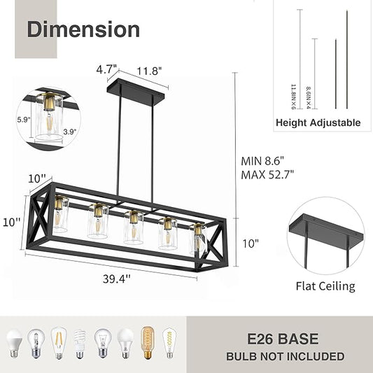 Black Gold Dining Room Light Fixture - 5 Light Chandeliers for Dining Room with Clear Glass Shade & Adjustable Height & Thickened Metal Rectangle Dining Table Light Fixture