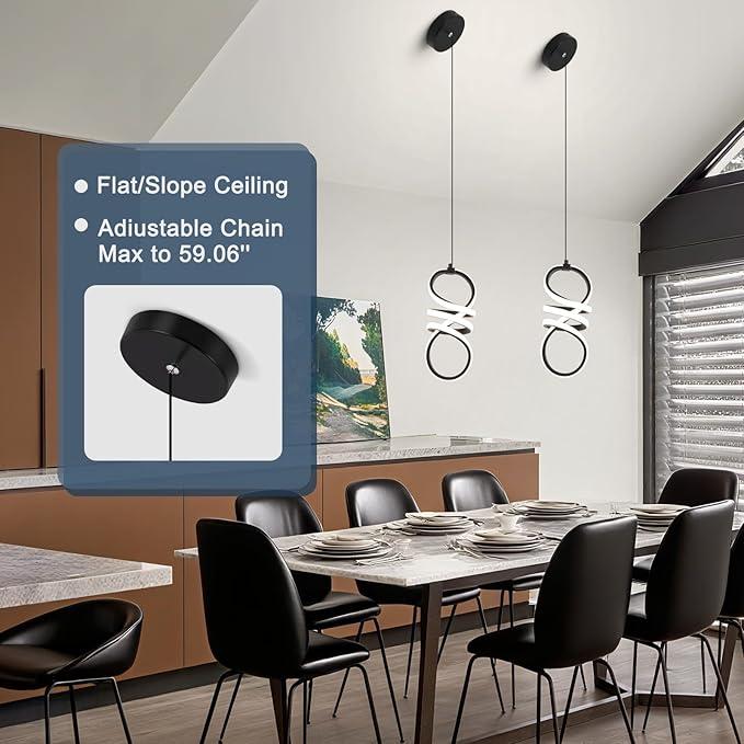 EIDISUNY Modern Led Pendant Light Fixture, 15W Black Spiral Pendant Light Kitchen Island, 4500K Daylight White Pendant Lamp, Adjustable Height Chandelier for Kitchen Dining Room Bedroom (Black)