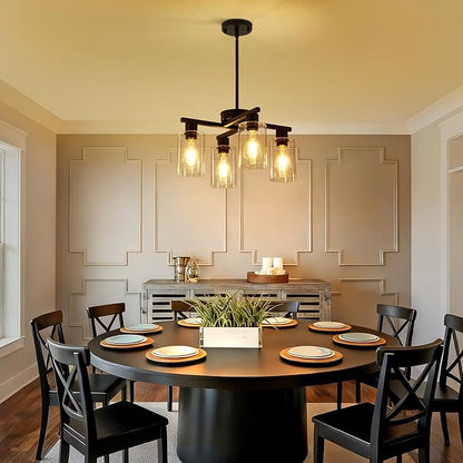 4-Light Black Modern Farmhouse Chandelier, Adjustable Height Pendant Lighting for Kitchen Island & Dining Room, Industrial Hanging Fixture with Clear Glass Shade for Entryway Foyer Bedroom