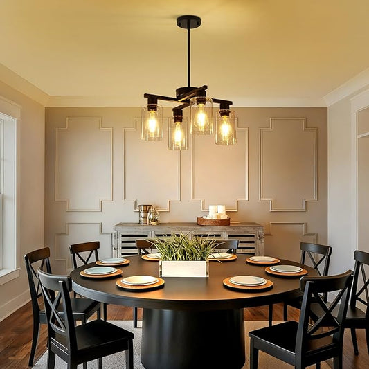4-Light Black Modern Farmhouse Chandelier, Adjustable Height Pendant Lighting for Kitchen Island & Dining Room, Industrial Hanging Fixture with Clear Glass Shade for Entryway Foyer Bedroom