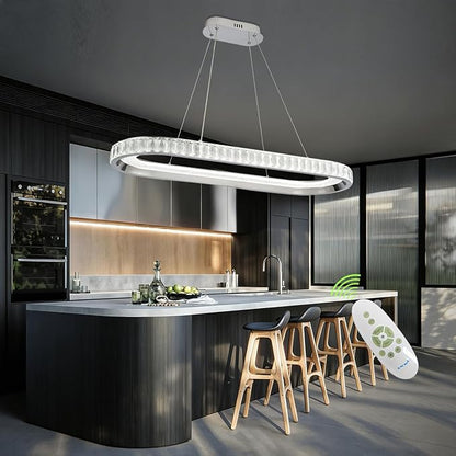 Modern Chandelier Led Crystal Chandelier Light Fixture,Dimmable Modern Led Pendant Light for Kitchen Island Lighting Silver Linear Led Chandelier for Dining Room 3000K-6500K Color Changing